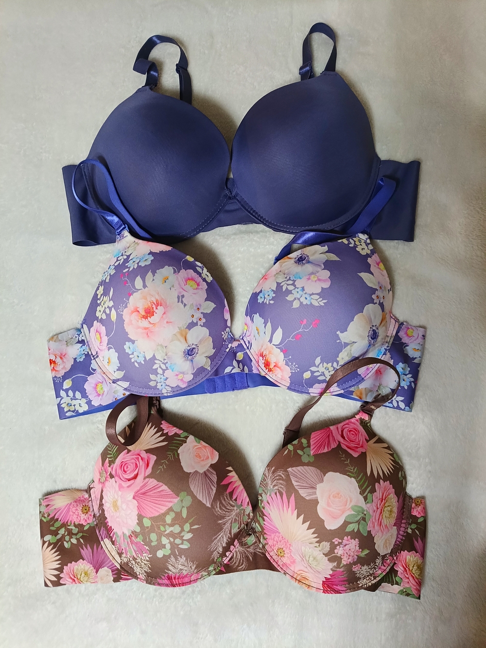 YMI Three-Pack Floral & Solid T-Shirt Bra Set — Purple, Blue, Brown